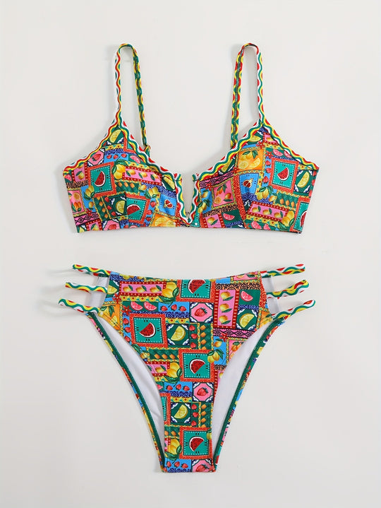 Damen Bikini-Set mit buntem Fruchtmuster und raffinierten Trägerdetails R&B