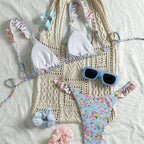 Damen Triangel-Bikini-Set mit floralen Rüschendetails und verstellbaren Trägern R&B