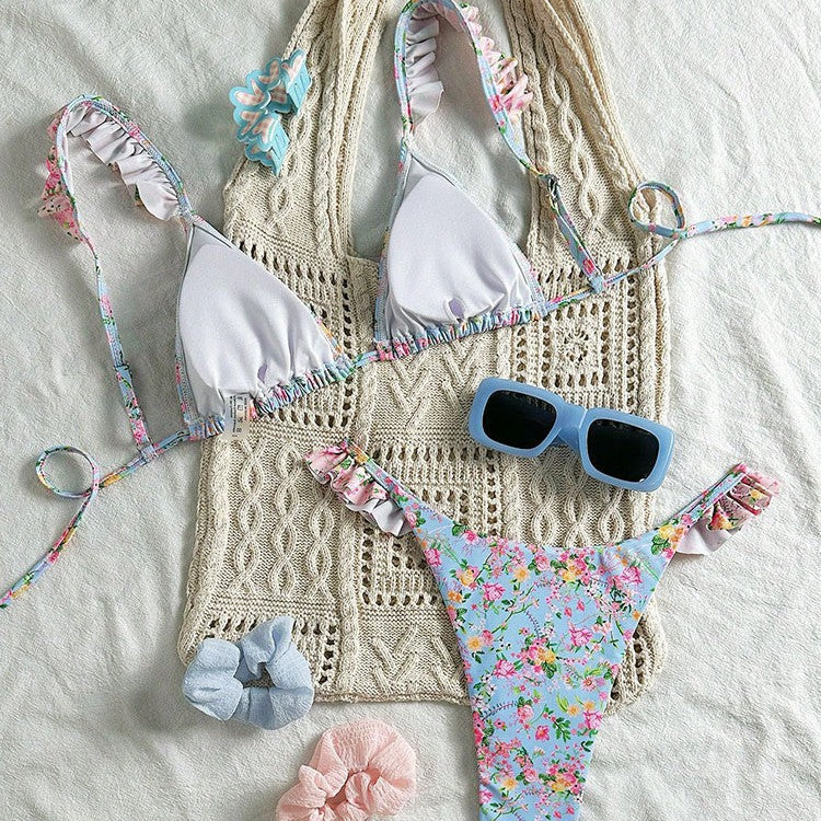 Damen Triangel-Bikini-Set mit floralen Rüschendetails und verstellbaren Trägern R&B