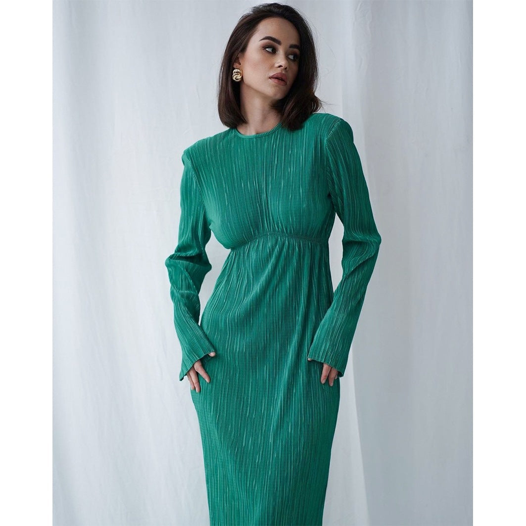 Damen Elegantes Maxikleid mit strukturierten Falten und langen Ärmeln R&B