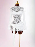 Damen nan transparentes Spitzen-Minikleid mit Bandeau-Einsatz, gerafftem Wickelrock und langen Ärmeln R&B