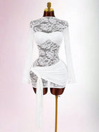 Damen nan transparentes Spitzen-Minikleid mit Bandeau-Einsatz, gerafftem Wickelrock und langen Ärmeln R&B