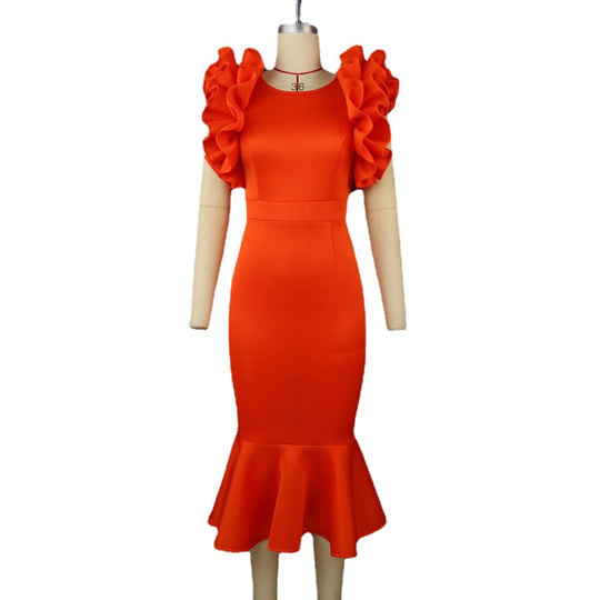Damen figurbetontes Kleid mit voluminösen Rüschensäumen R&B