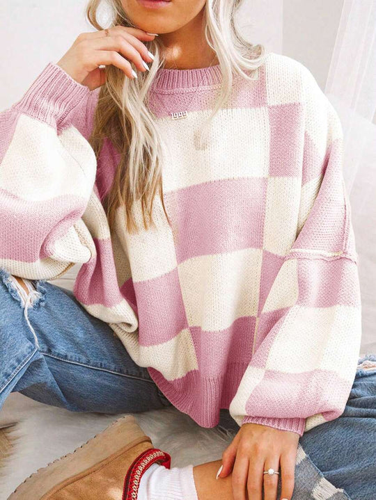 Damen modischer Pullover mit Karomuster und weitem Schnitt R&B
