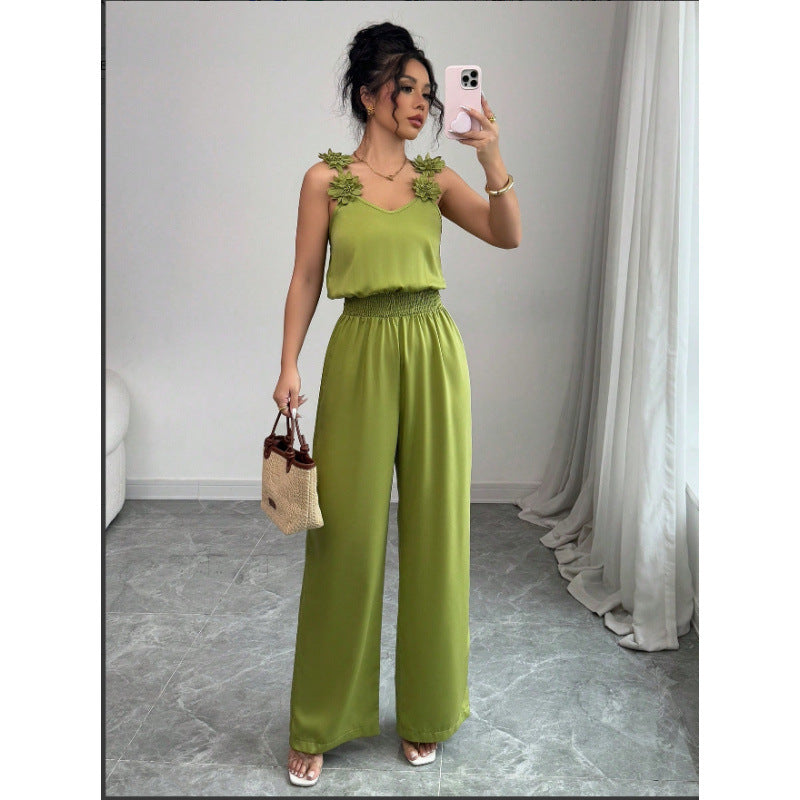 Damen Jumpsuit mit floralen Rüschen und weitem Bein R&B