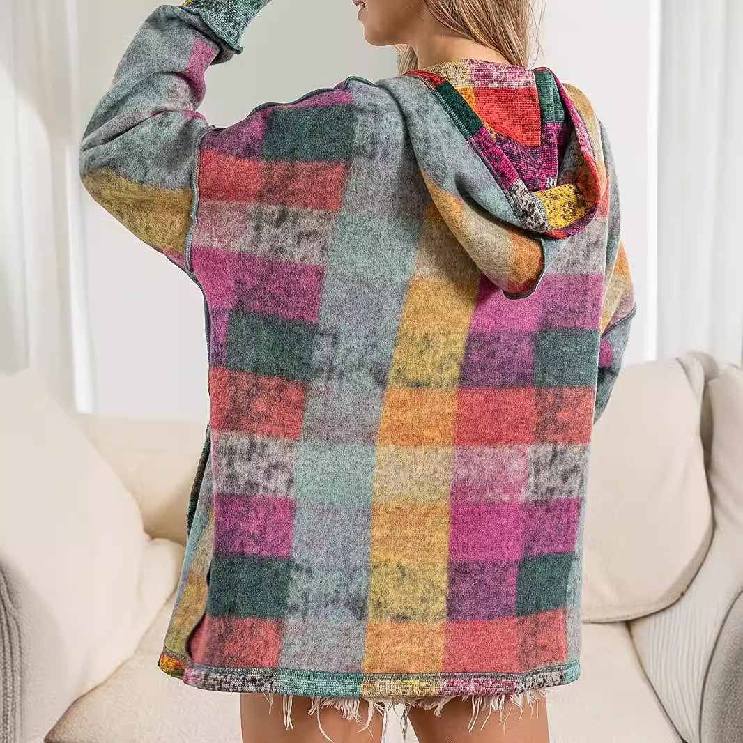Damen lässiger Block-Check Pullover mit Kapuze und praktischen Taschen R&B