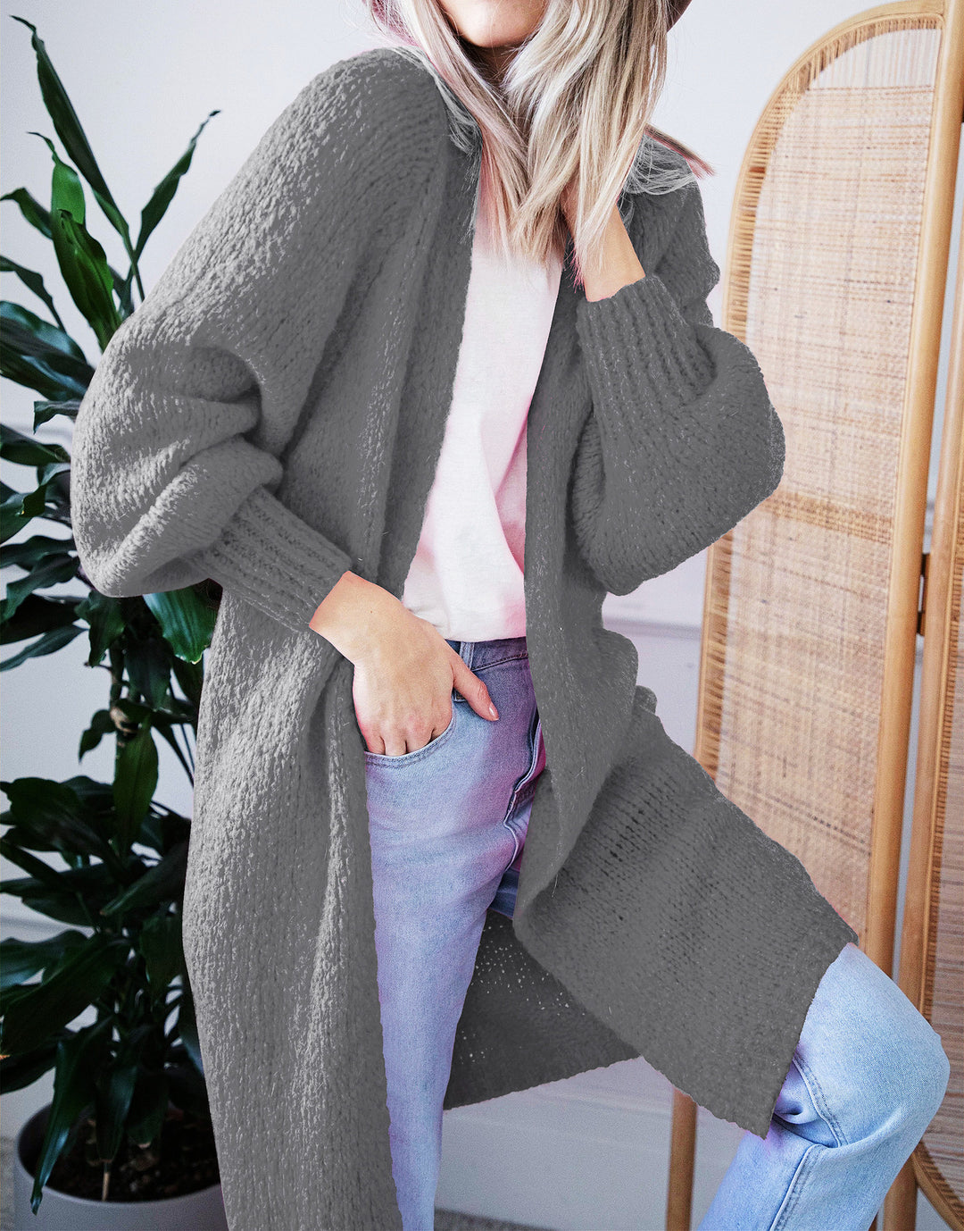 Damen Oversized Strickmantel mit lässigem V-Ausschnitt und luftiger Maschenstruktur R&B
