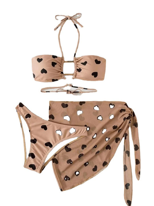 Damen Bikini-Set mit verspieltem Herzmuster und elegantem Wickelrock R&B