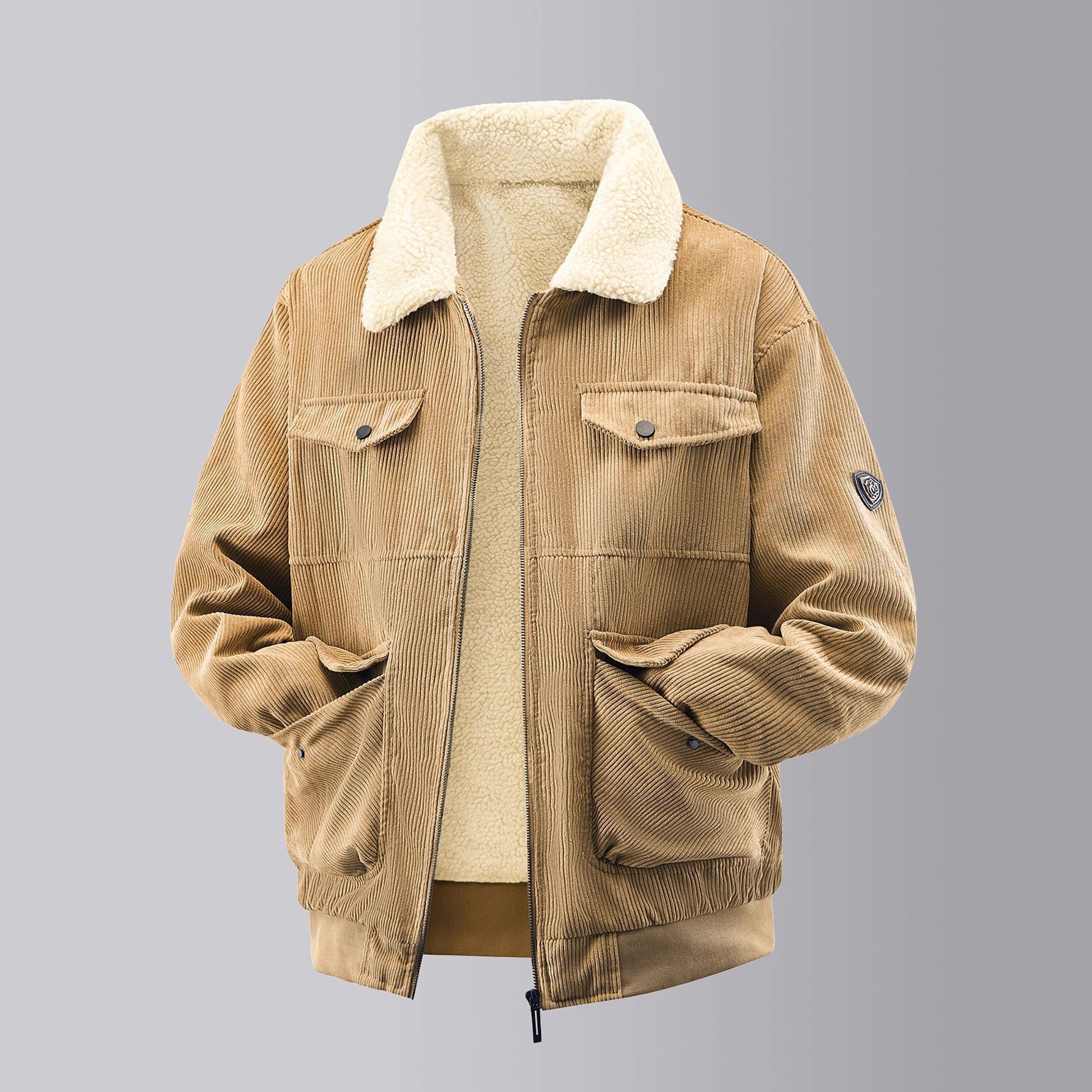 Herren kuschelige Teddy-Fleecejacke mit praktischen Brusttaschen und elastischen Bündchen R&B