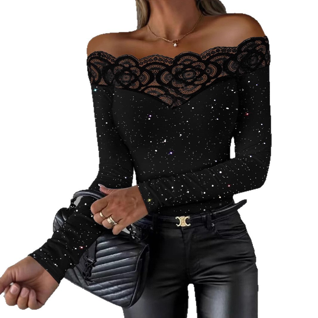 Damen Oberteil mit transparentem Spitzenbesatz und modischem Galaxie-Design R&B