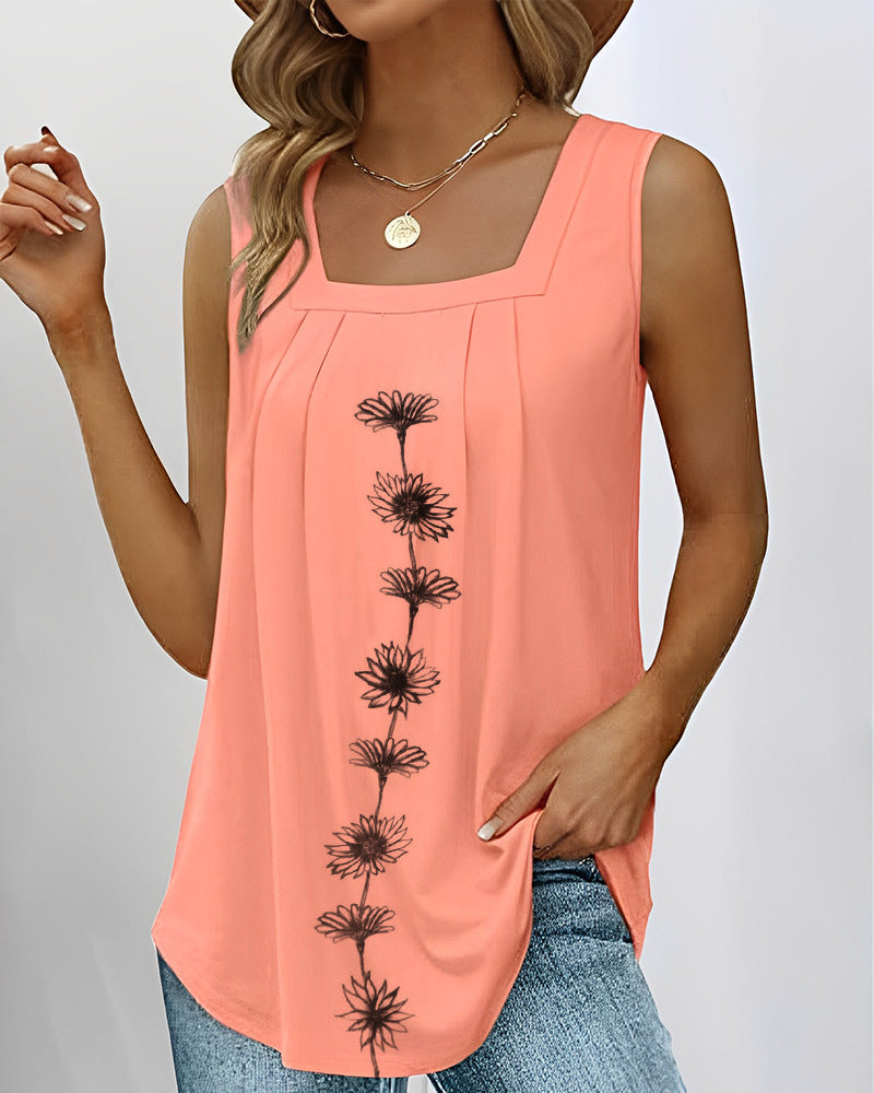 Damen nan ärmelloses Longtop mit quadratischem Ausschnitt, Faltenpassé und mittigem Blumenprint R&B