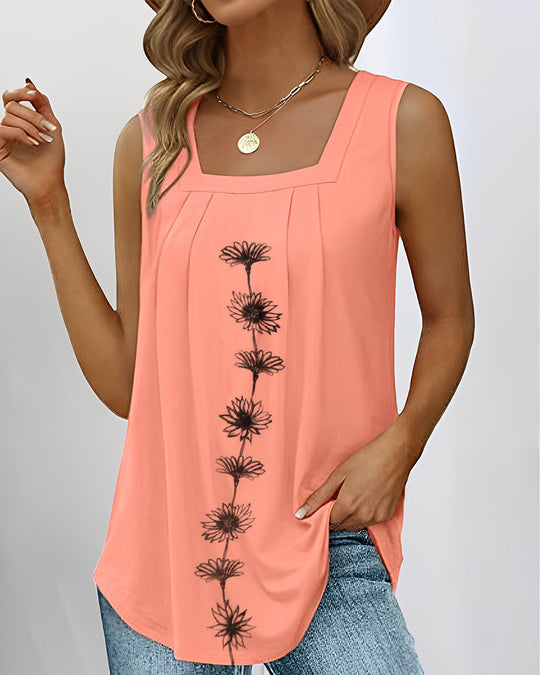 Damen nan ärmelloses Longtop mit quadratischem Ausschnitt, Faltenpassé und mittigem Blumenprint R&B