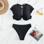 Damen Sport-Bikini-Oberteil mit transparenten Ärmeln und hochgeschnittenem Unterteil R&B