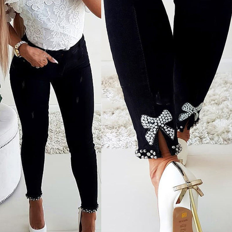 Damen Skinny Jeans mit Perlen- und Schleifendetails R&B