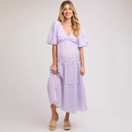 Damen Maxikleid mit voluminösen Puffärmeln und V-Ausschnitt R&B