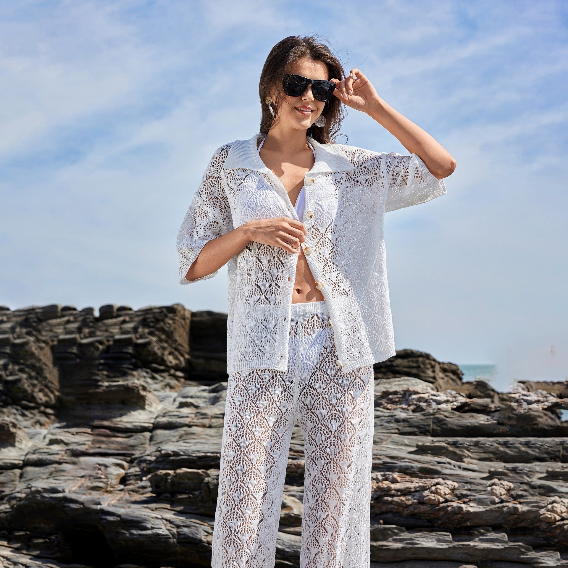 Damen luftige Häkel-Kimono Jacke R&B