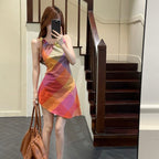 Damen Kurzarmkleid mit modischem Karomuster und elastischem Ausschnitt