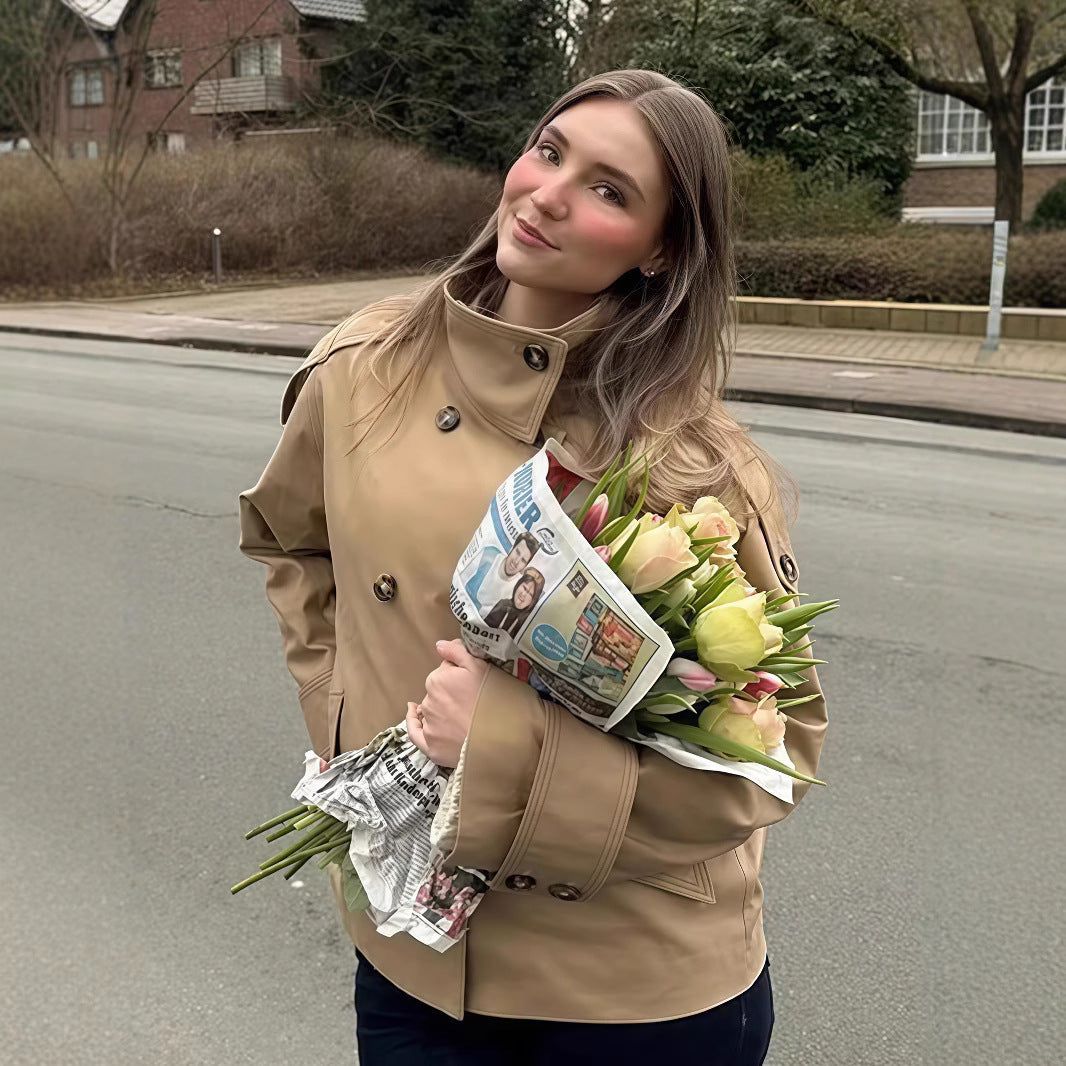 Damen modische Doppelreiher-Jacke mit hohem Kragen und strukturiertem Design R&B