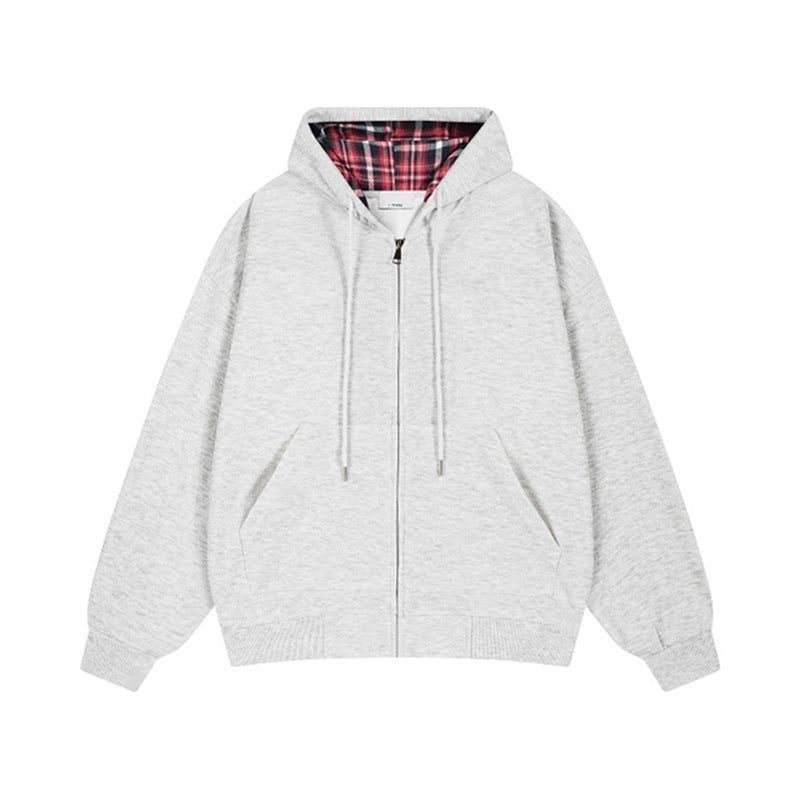 Damen lässige Kapuzenjacke mit Karo-Innenfutter und durchgehendem Reißverschluss R&B