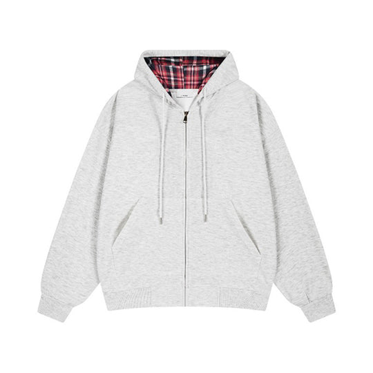 Damen lässige Kapuzenjacke mit Karo-Innenfutter und durchgehendem Reißverschluss R&B