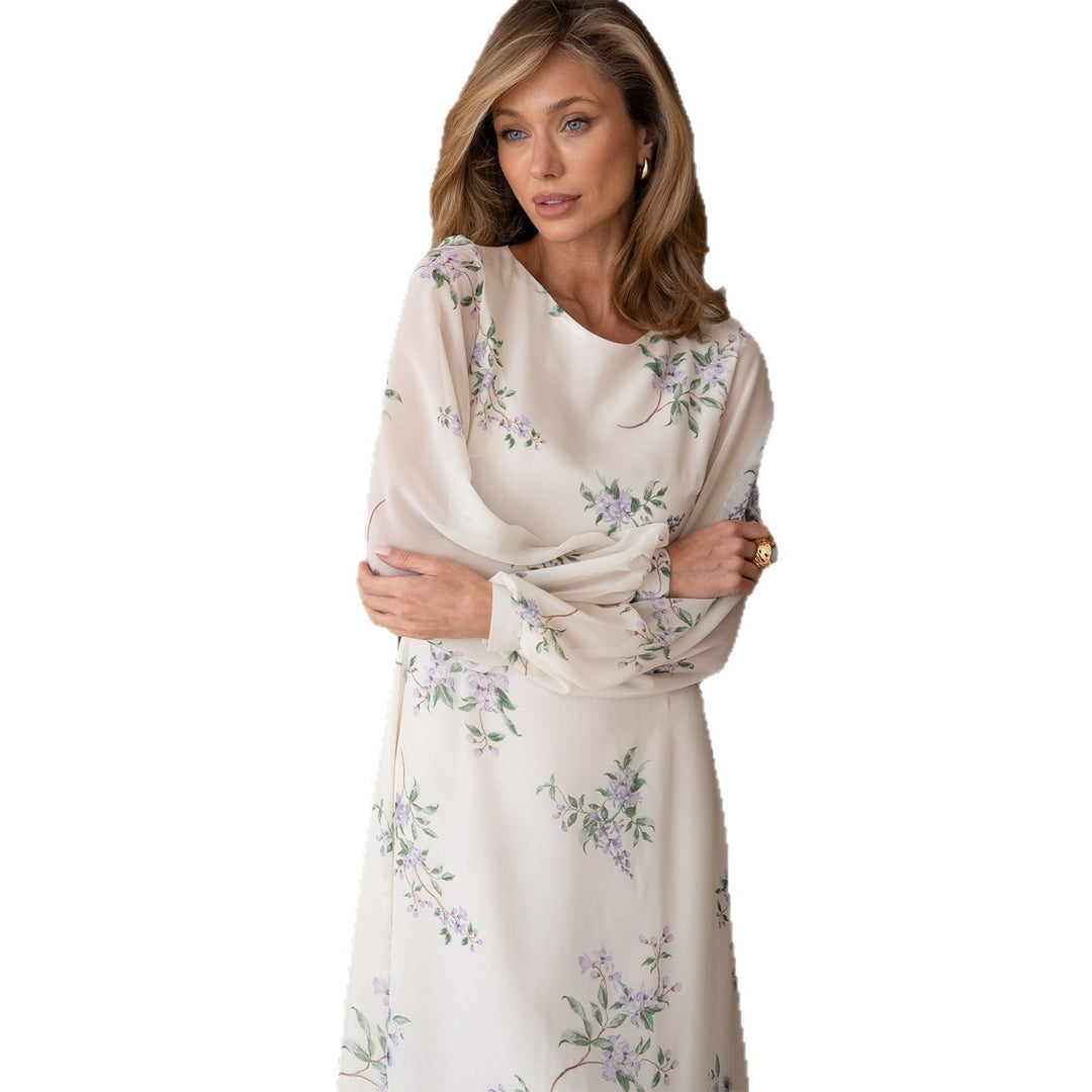 Damen Maxikleid mit transparenten Ärmeln und femininem Blumendruck R&B