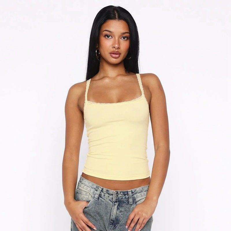 Damen Spaghettiträgershirt mit zarter Spitzenverzierung R&B