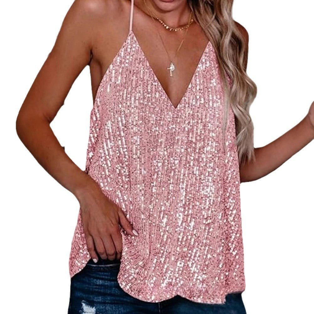 Damen Glamouröses Pailletten-Top mit tiefem V-Ausschnitt und schmalen Spaghettiträgern R&B