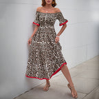 Damen Off-Shoulder Maxikleid mit tierischem Muster und Rüschendetails R&B