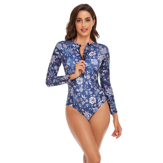 Damen Sportlicher Langarm-Badeanzug mit floralem Muster R&B