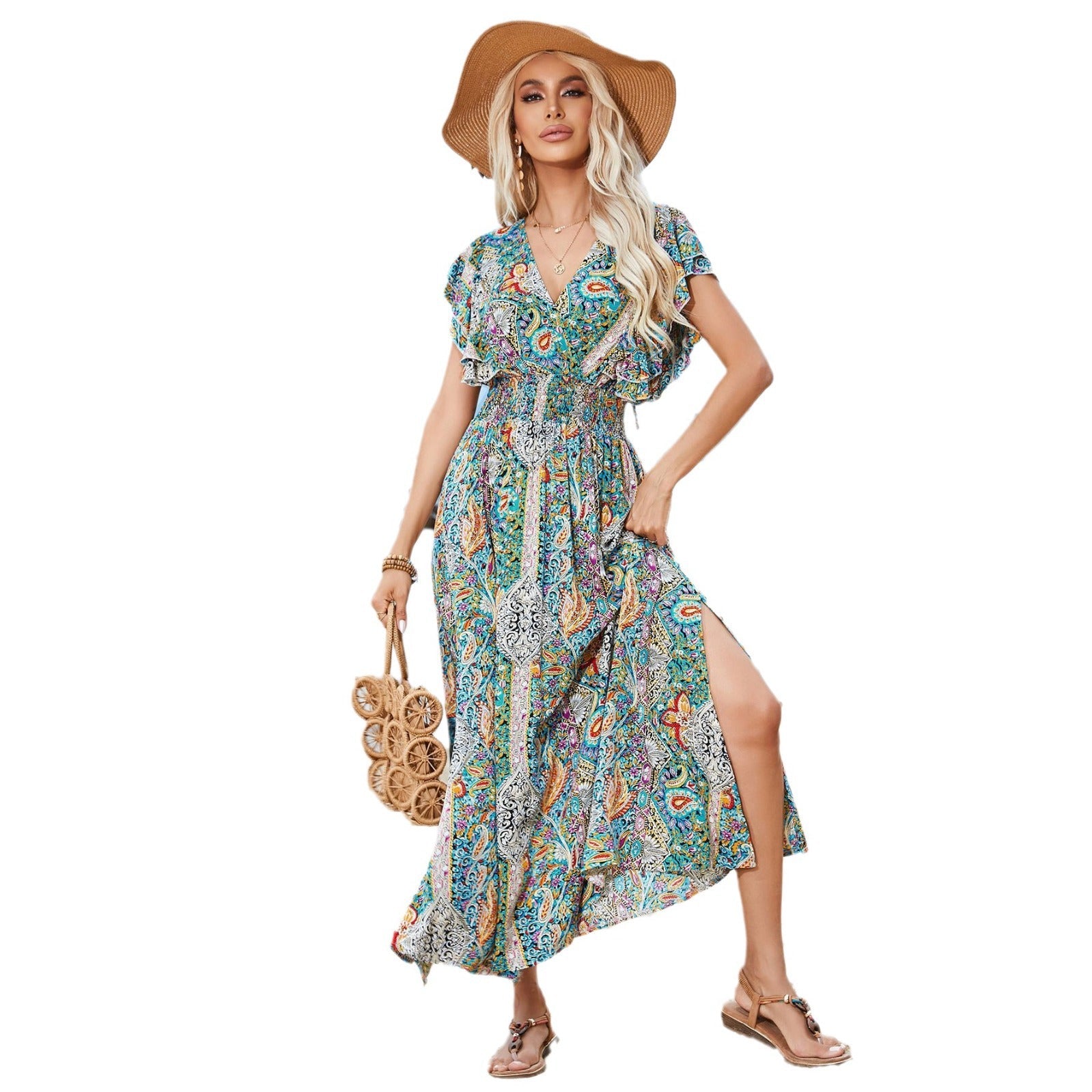 Damen Maxi-Kleid mit voluminösen Ärmeln und Paisley-Muster R&B