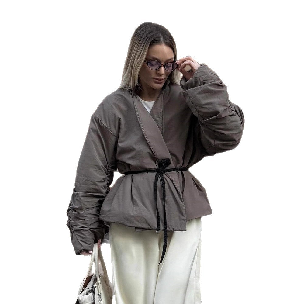 Damen lässige kurz geschnittene Jacke mit Taillengürtel und voluminösen Ärmeln R&B