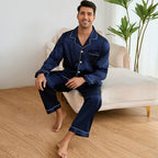 Herren Satin Schlafanzug-Set mit klassischem Kragen und eleganten Kontrastnähten R&B