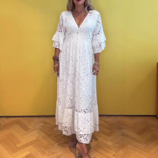 Damen nan Boho-Spitzen-Maxikleid mit V-Ausschnitt, Unterbrustnaht und gestuften Volantärmeln R&B