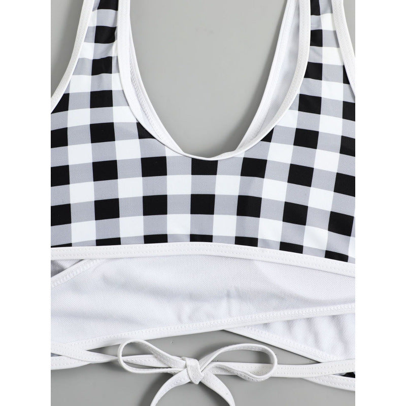 Damen Triangel-Bikini mit modernem Wickel-Design und verspieltem Karomuster R&B