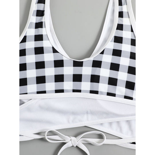 Damen Triangel-Bikini mit modernem Wickel-Design und verspieltem Karomuster R&B