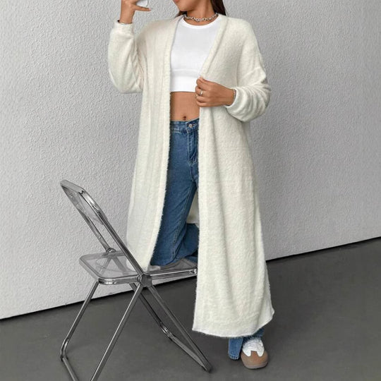Damen Langer, flauschiger Cardigan mit Bindegürtel und V-Ausschnitt R&B
