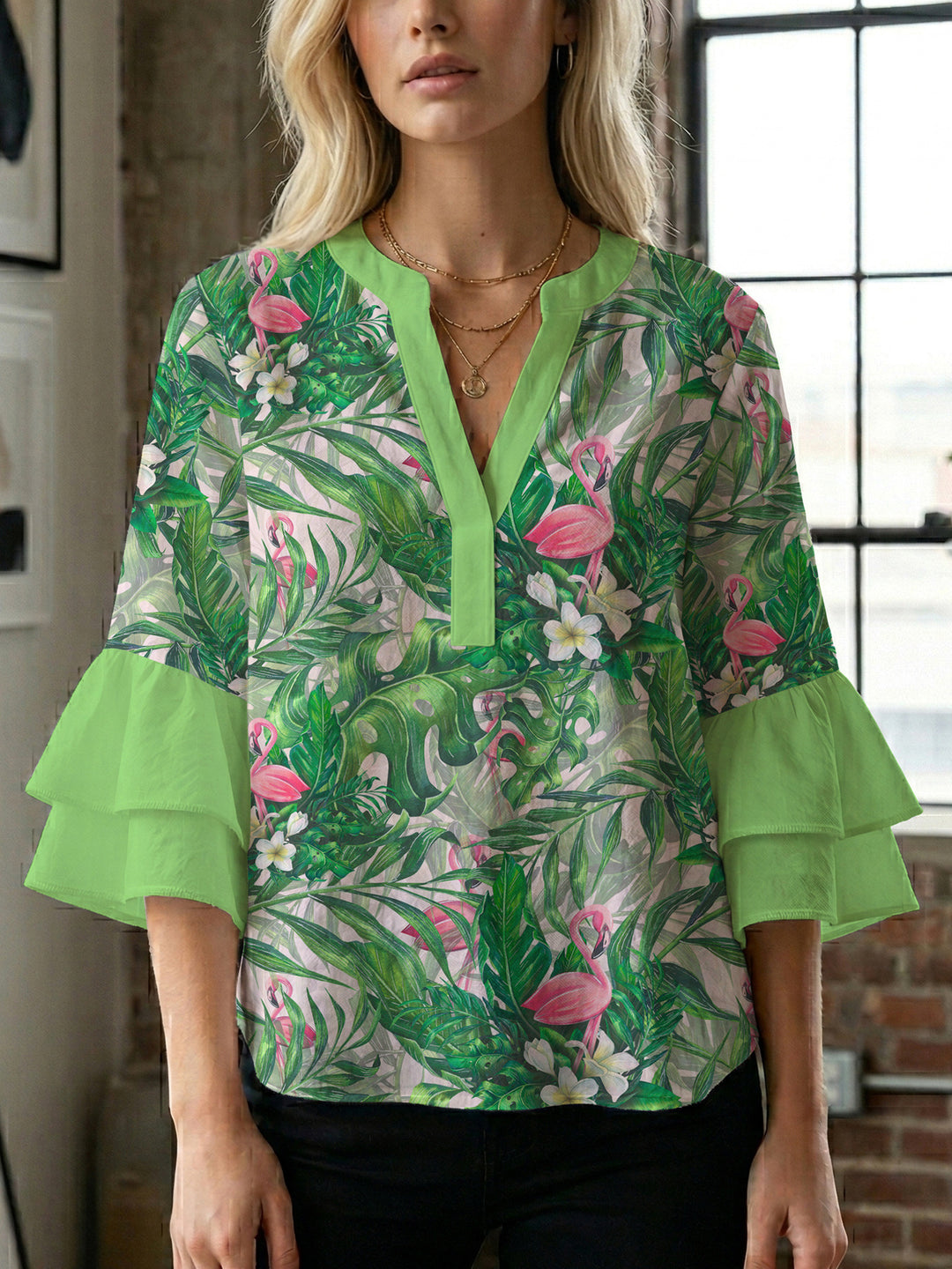 Damen Bluse mit voluminösen Rüschenärmeln und floralem Druck R&B
