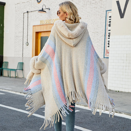 Damen modischer Poncho mit luxuriösem Kunstfellkragen und Fransen R&B