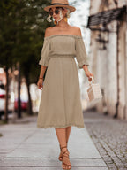 Damen Off-Shoulder Maxikleid mit elastischem Tailleneinsatz und Rüschendetails R&B