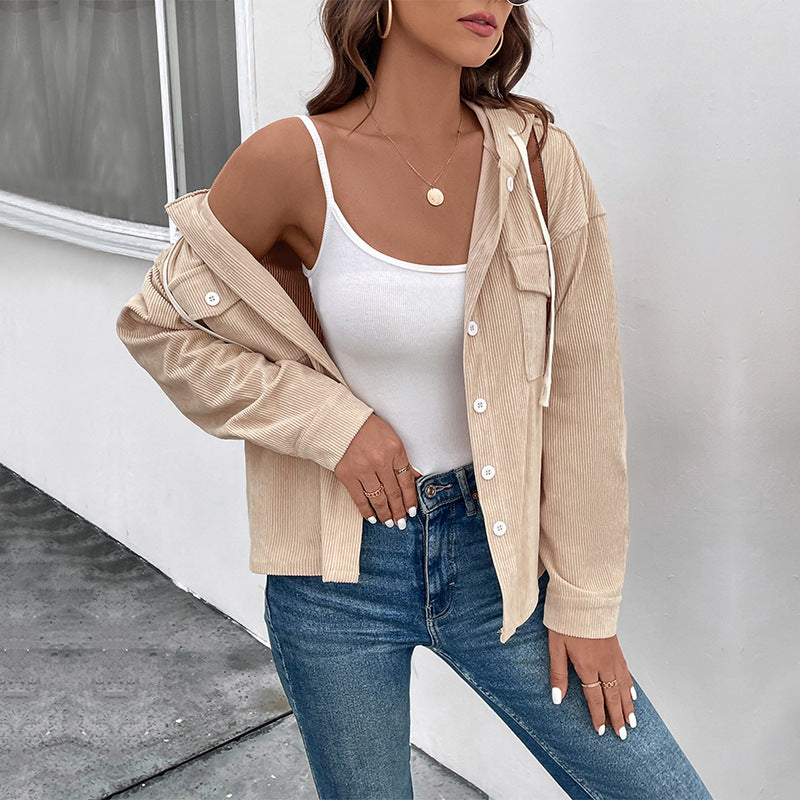 Damen Cordjacke mit Kapuze und Knopfverschluss R&B