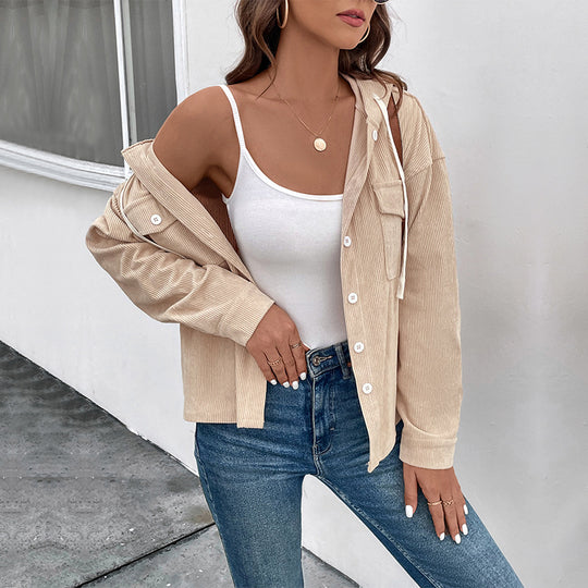Damen Cordjacke mit Kapuze und Knopfverschluss R&B