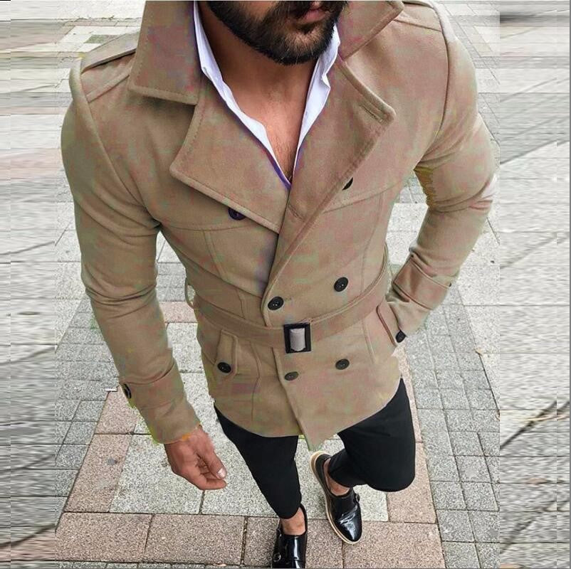 Herren eleganter Trenchcoat mit modischem Gürtel und doppelter Knopfleiste R&B