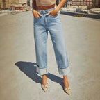 Damen Weite Jeans im modernen cropped Stil mit Kontrastabschlüssen R&B
