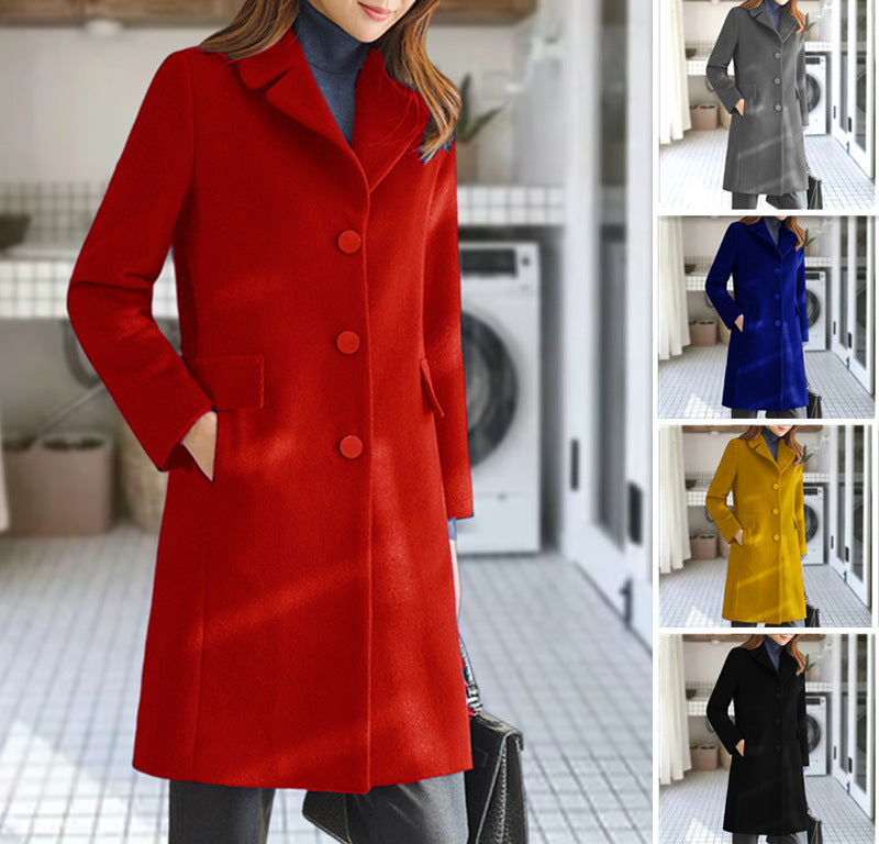 Damen eleganter Wollmantel mit klassischem Kragen und Taschen