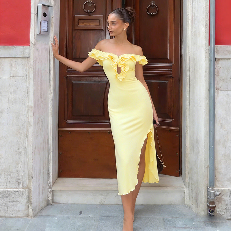 Damen Off-Shoulder Maxikleid mit raffinierten Rüschendetails R&B