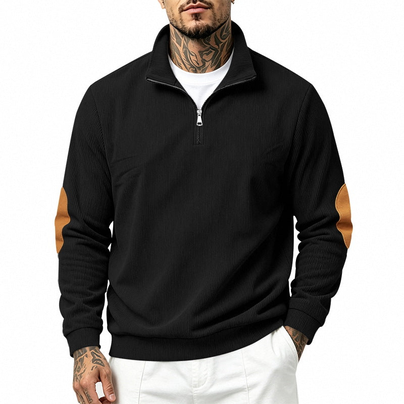 Herren nan Halbzip-Sweatshirt mit Stehkragen, feiner Waffelstruktur und Lederoptik-Ellenbogenpatchs R&B