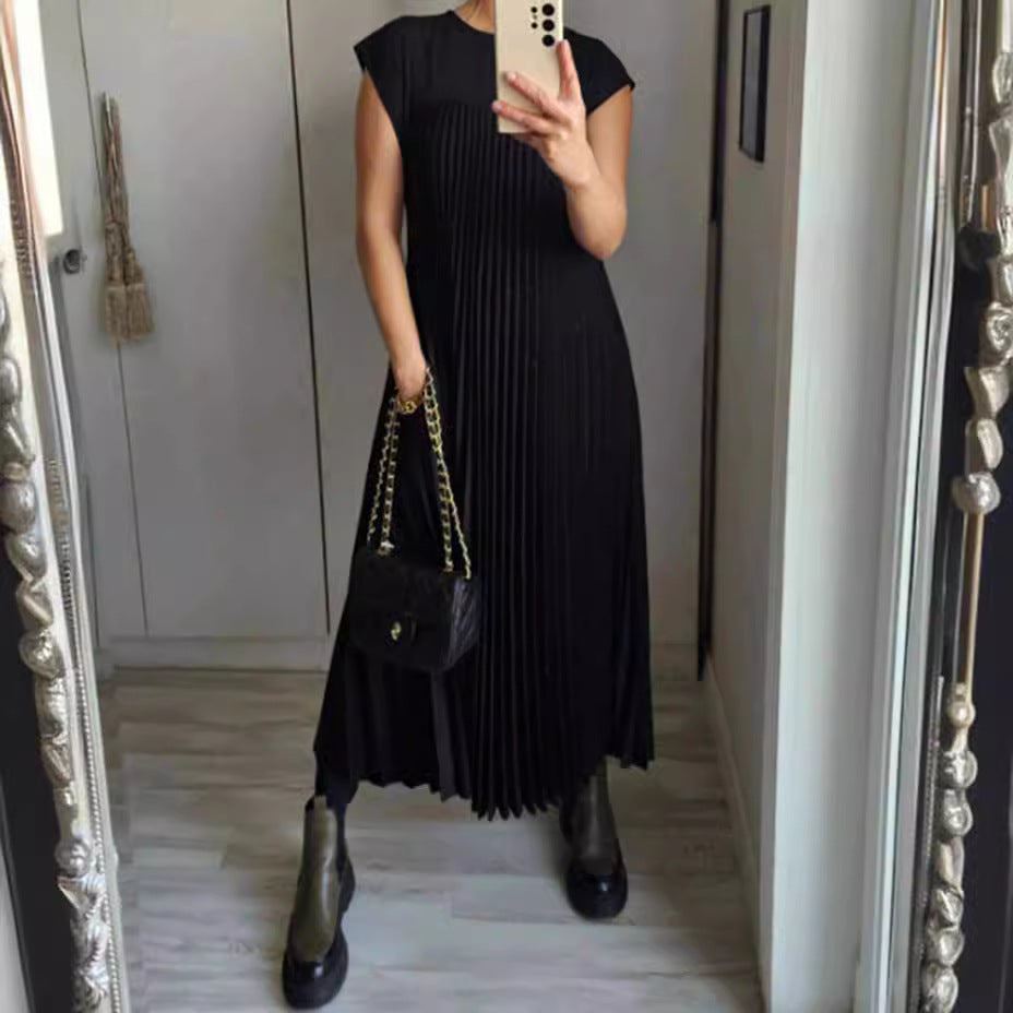 Damen nan fließendes plissiertes Maxikleid mit überschnittenen Schultern und Eingrifftaschen R&B