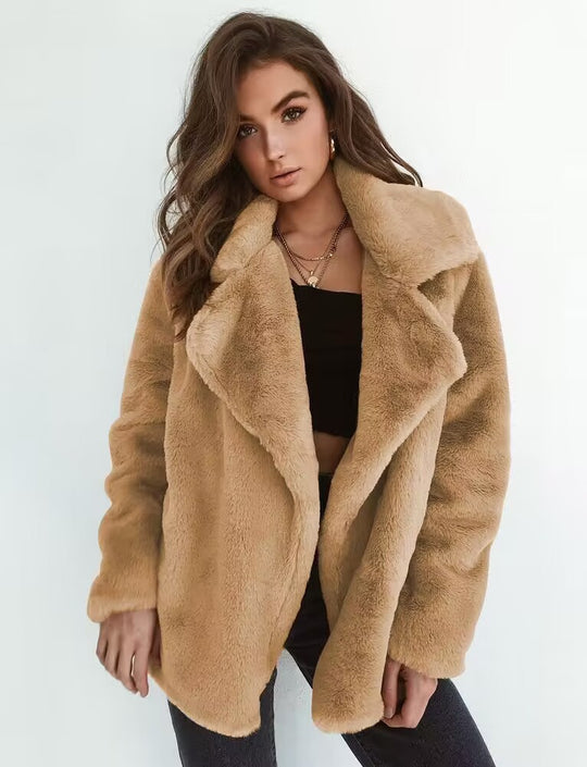 Damen Fleece-Mantel mit weitem Kragen und modischem Schnitt R&B