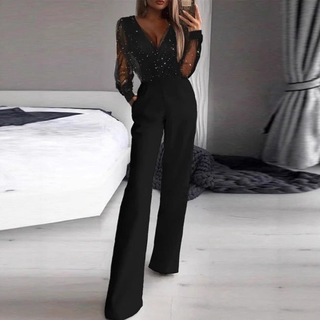 Damen Elegante Jumpsuit mit transparenter Bluse und schimmernden Akzenten EB
