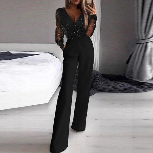 Damen Elegante Jumpsuit mit transparenter Bluse und schimmernden Akzenten R&B